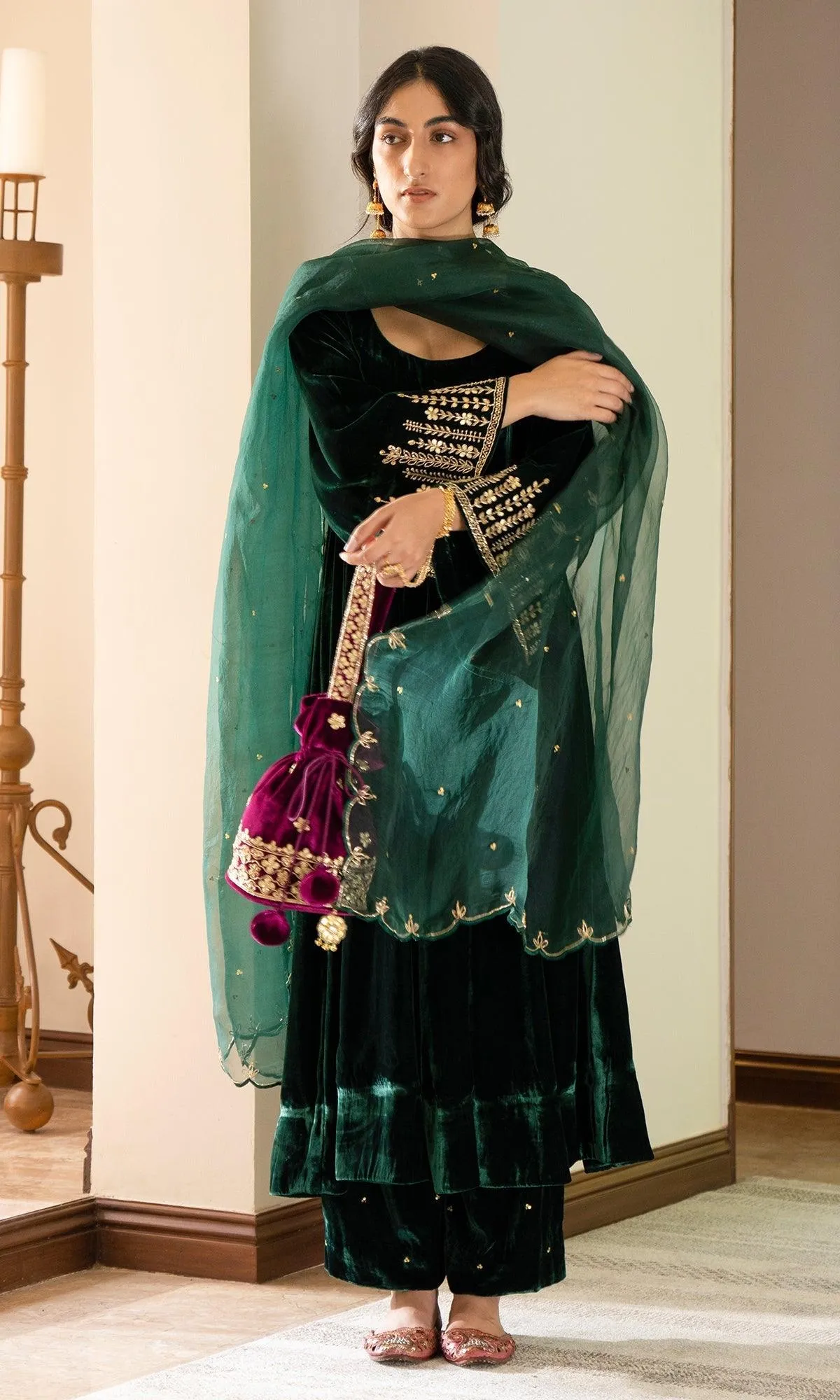 Bareen Embroidered  - Green Velvet Anarkali With Palazzo And Organza Dupatta - Set of 3 RTS