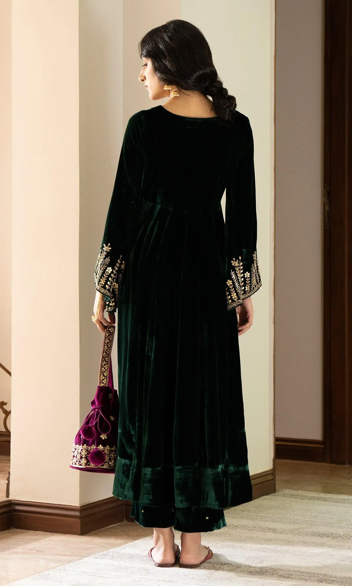 Bareen Embroidered  - Green Velvet Anarkali With Palazzo And Organza Dupatta - Set of 3 RTS