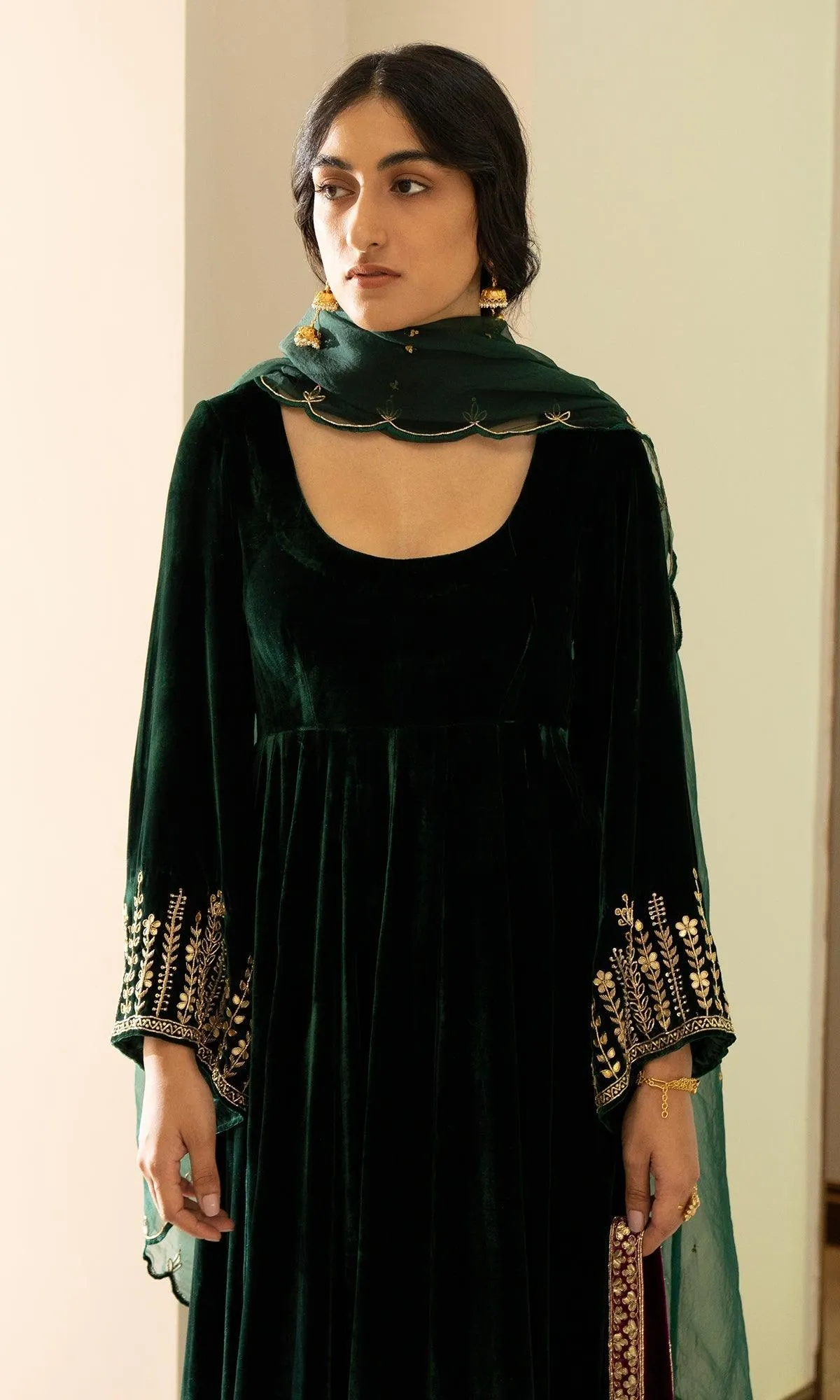 Bareen Embroidered  - Green Velvet Anarkali With Palazzo And Organza Dupatta - Set of 3 RTS