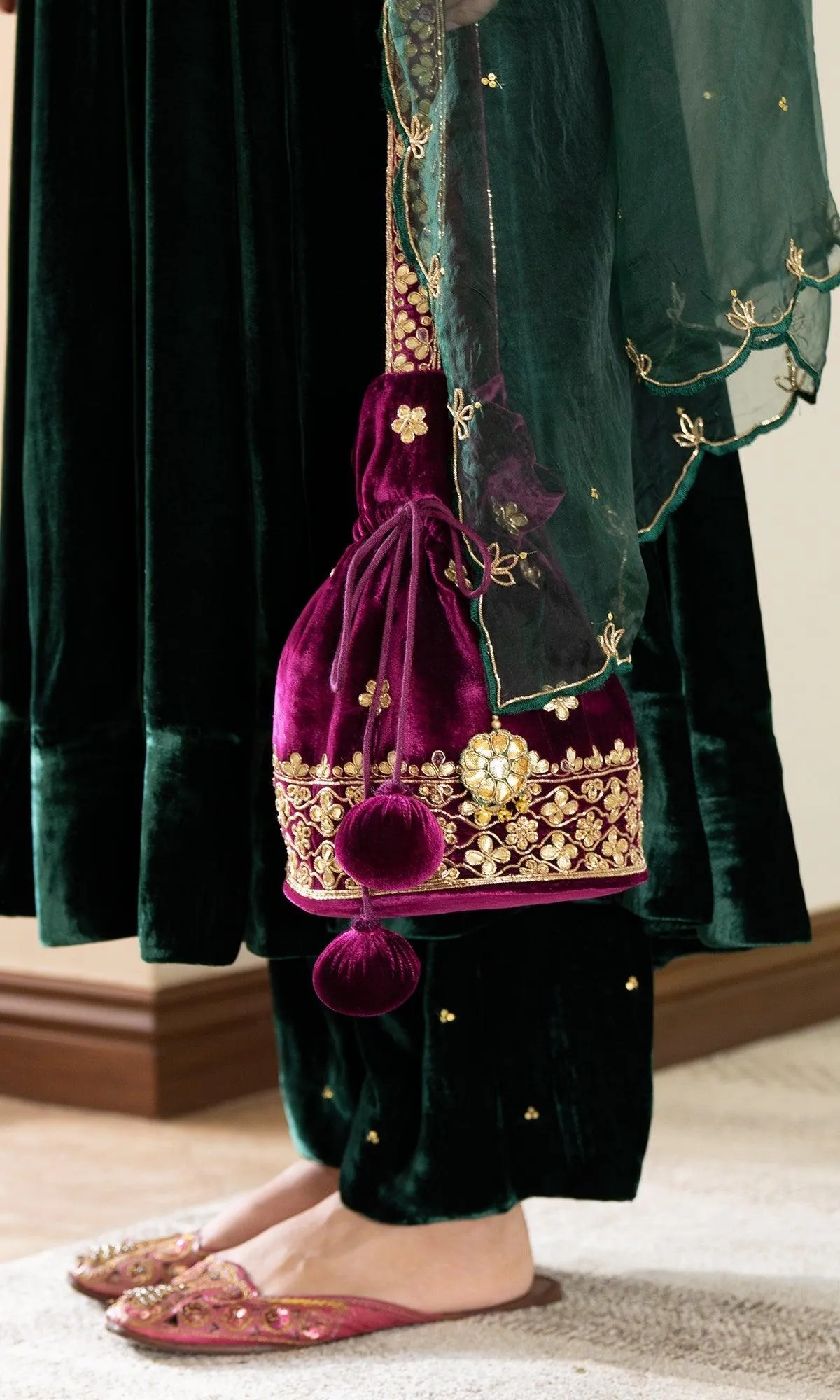 Bareen Embroidered  - Green Velvet Anarkali With Palazzo And Organza Dupatta - Set of 3 RTS