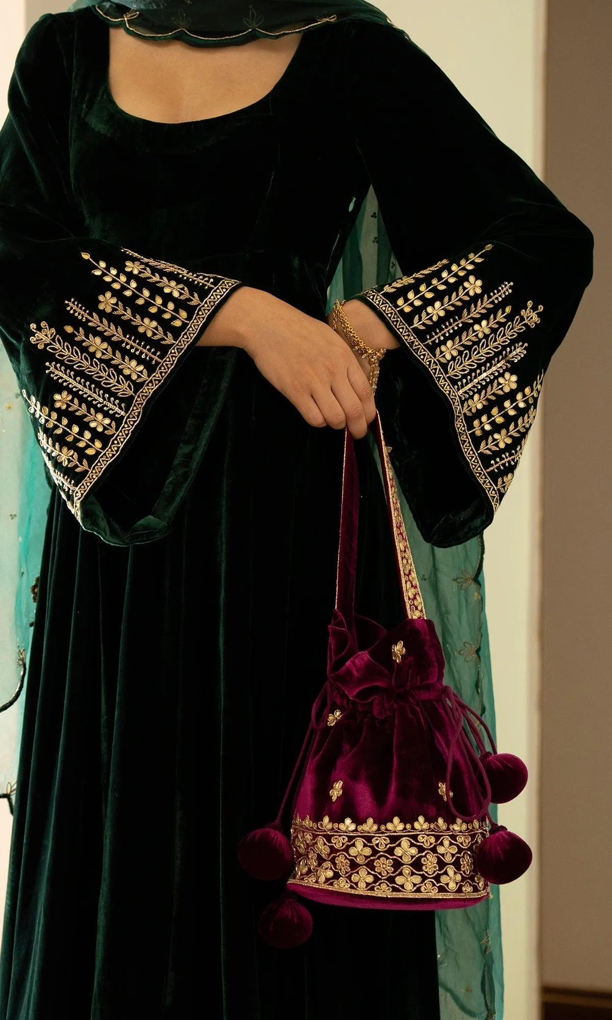 Bareen Embroidered  - Green Velvet Anarkali With Palazzo And Organza Dupatta - Set of 3 RTS