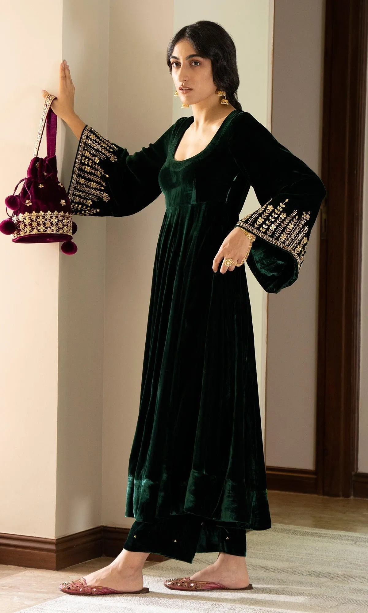 Bareen Embroidered  - Green Velvet Anarkali With Palazzo And Organza Dupatta - Set of 3 RTS