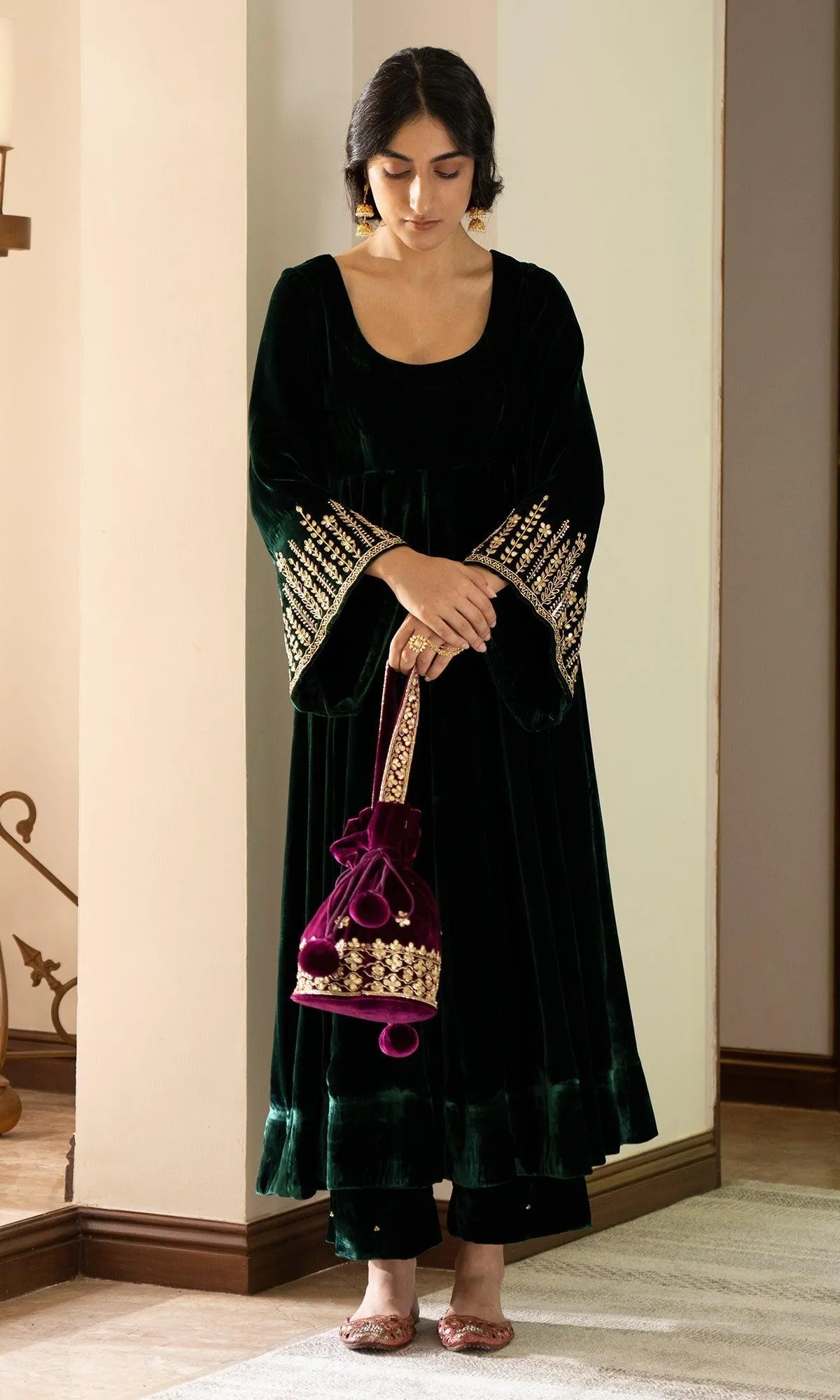 Bareen Embroidered  - Green Velvet Anarkali With Palazzo And Organza Dupatta - Set of 3 RTS