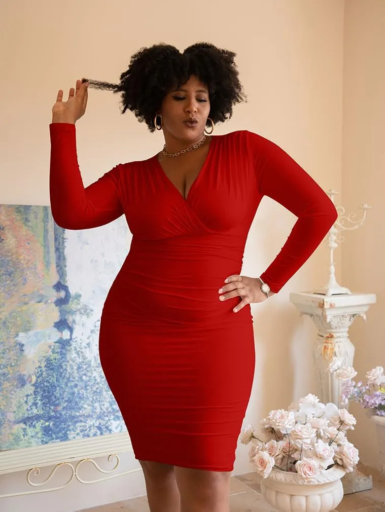 BEAGIMEG Women's Sexy Bodycon Long Sleeve Ruched Deep V Neck Solid Party Club Midi Dress