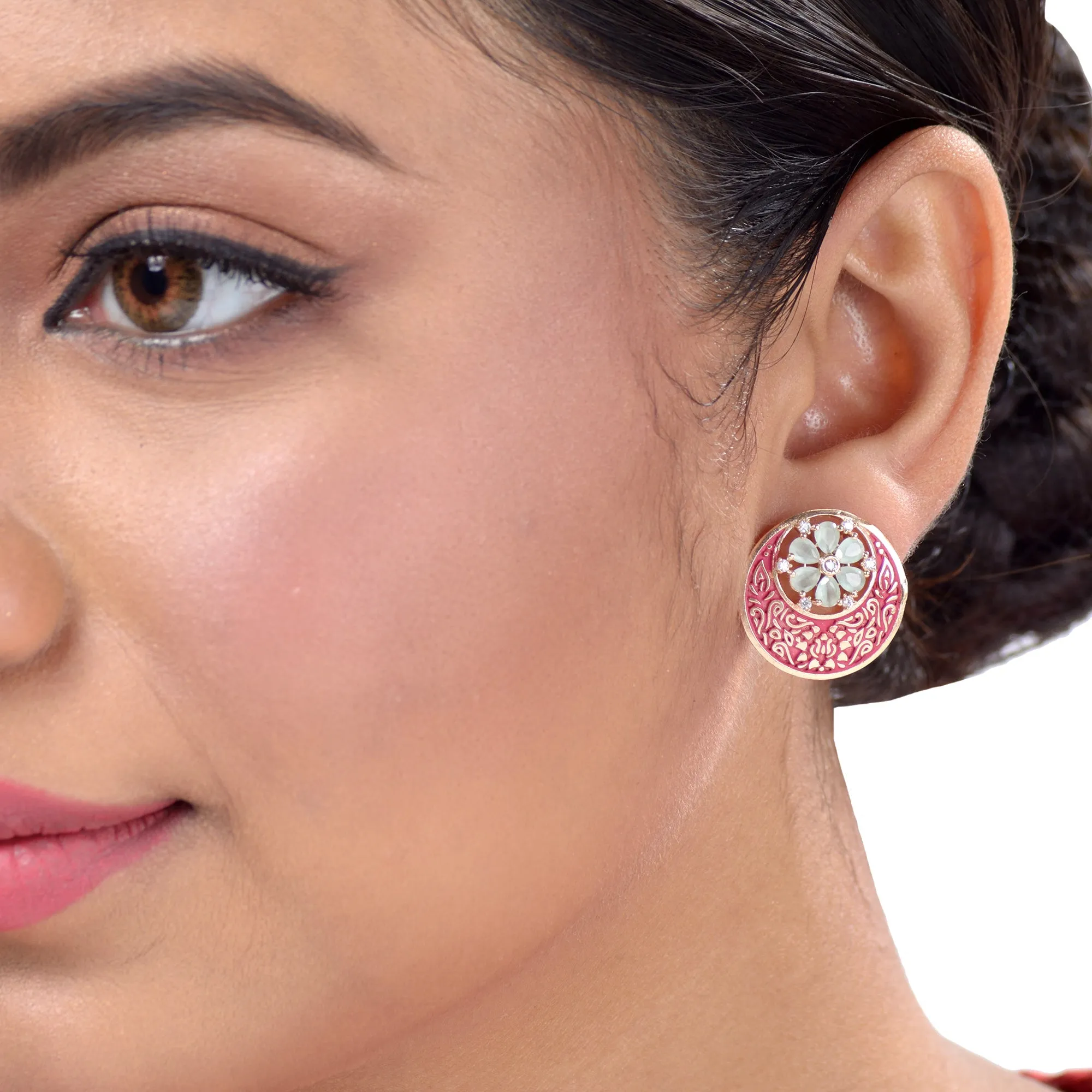 Beautiful Red Enamelled Studs Chandbali Stylesmall Earrings With Blue Diamond Embellishments for Women and Girls - Saraf RS Jewellery