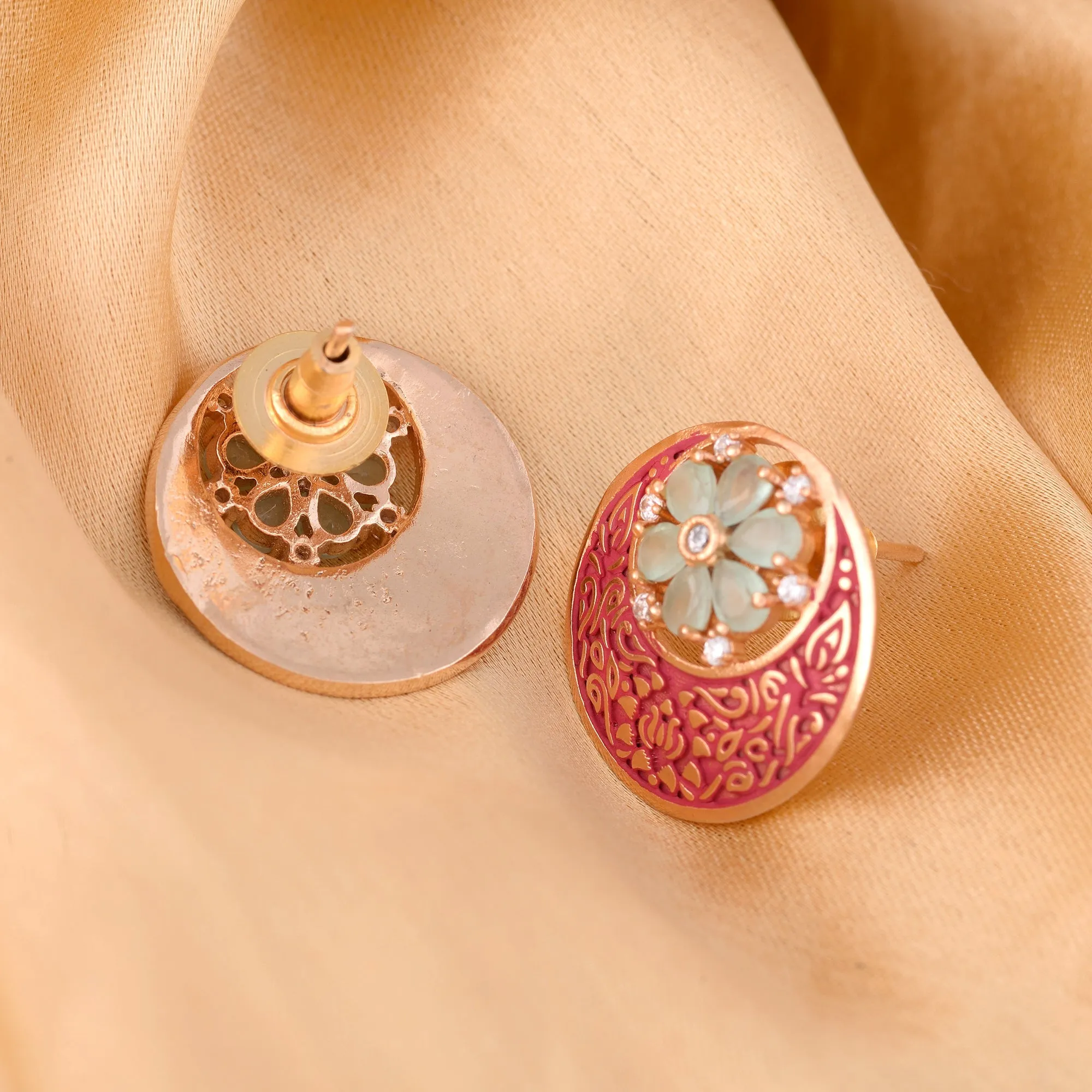 Beautiful Red Enamelled Studs Chandbali Stylesmall Earrings With Blue Diamond Embellishments for Women and Girls - Saraf RS Jewellery