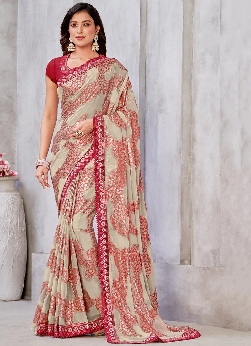 Beige And Red Embroidery Georgette Jacquard Saree