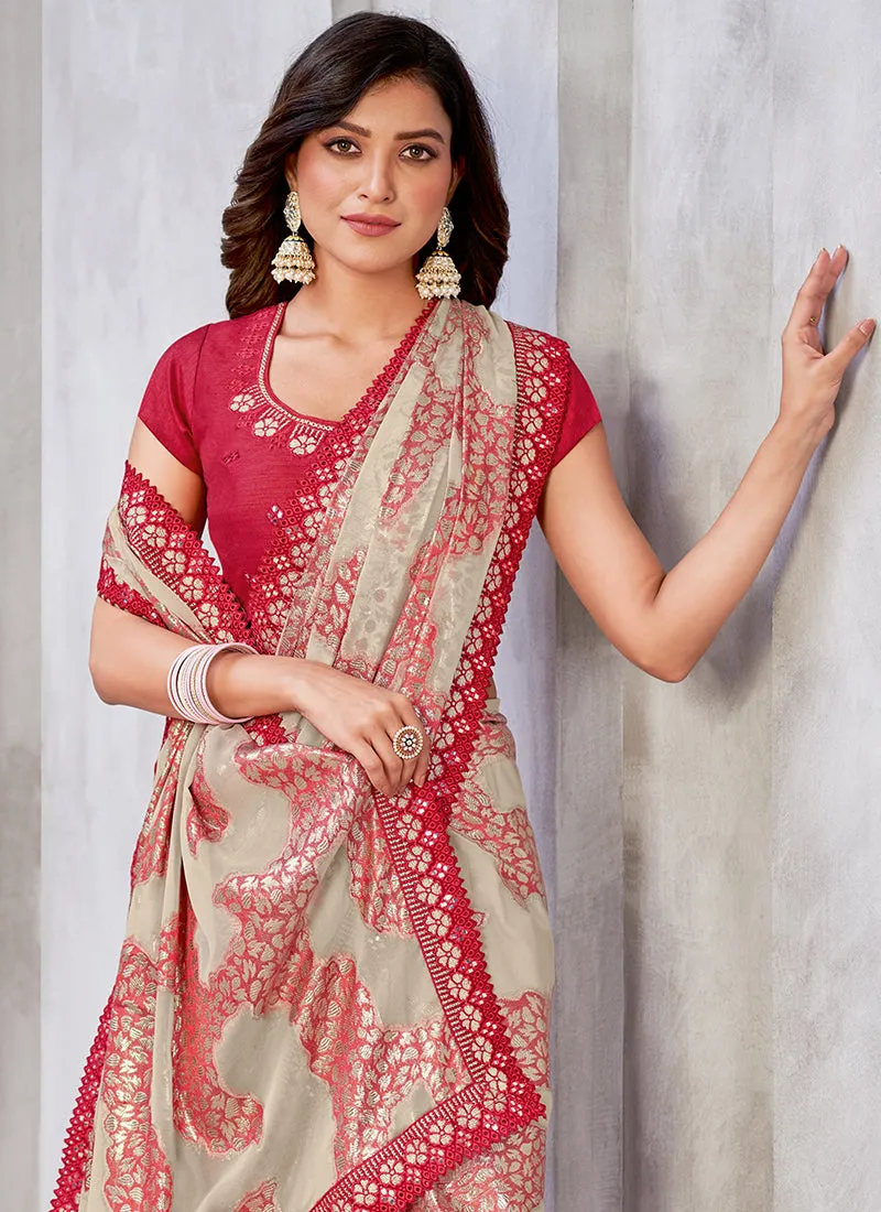 Beige And Red Embroidery Georgette Jacquard Saree