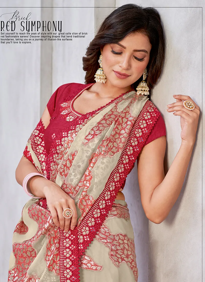Beige And Red Embroidery Georgette Jacquard Saree