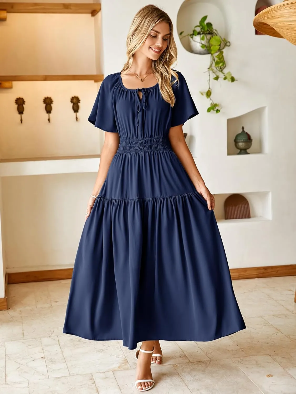 BerryGo Women Casual Summer Dress 2025 Short Sleeve Drawstring Flowy Maxi Long Dresses with Pockets