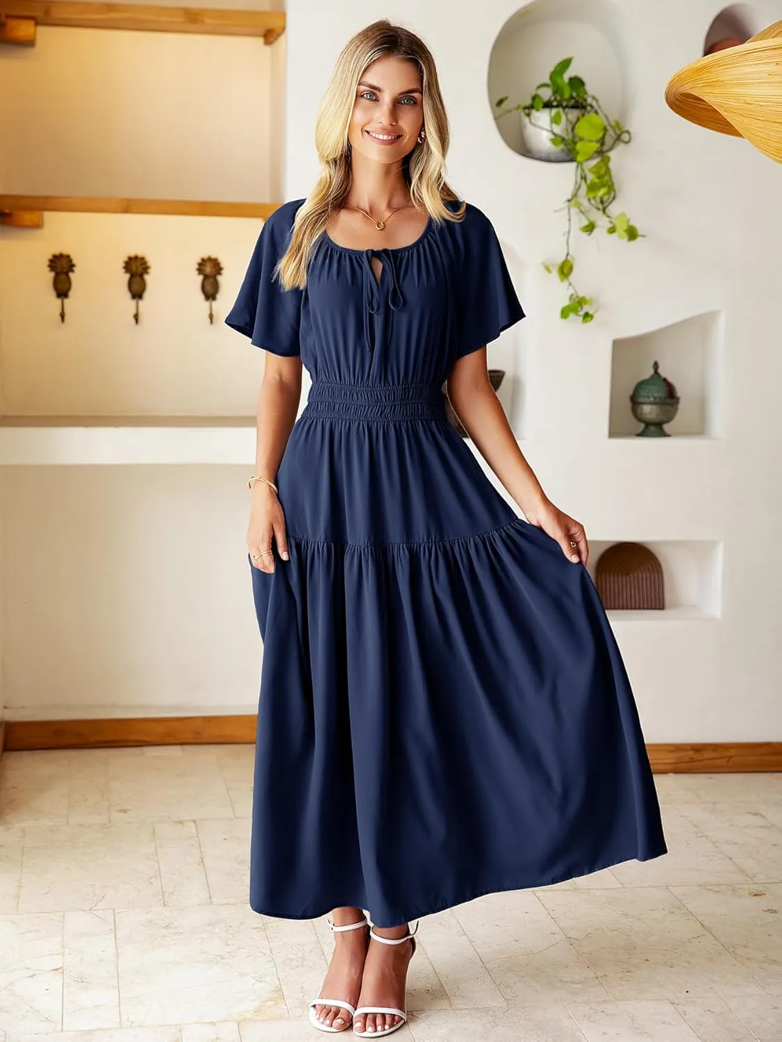 BerryGo Women Casual Summer Dress 2025 Short Sleeve Drawstring Flowy Maxi Long Dresses with Pockets
