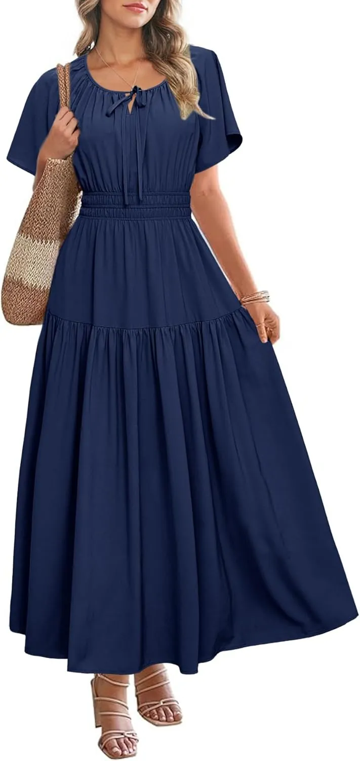 BerryGo Women Casual Summer Dress 2025 Short Sleeve Drawstring Flowy Maxi Long Dresses with Pockets