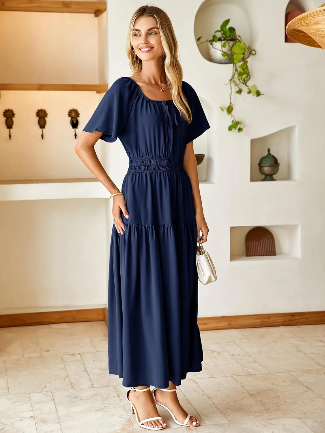 BerryGo Women Casual Summer Dress 2025 Short Sleeve Drawstring Flowy Maxi Long Dresses with Pockets