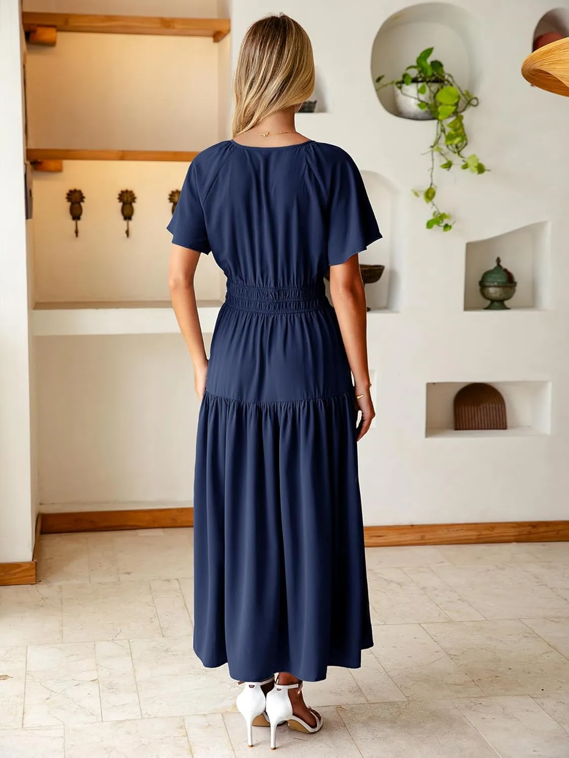 BerryGo Women Casual Summer Dress 2025 Short Sleeve Drawstring Flowy Maxi Long Dresses with Pockets