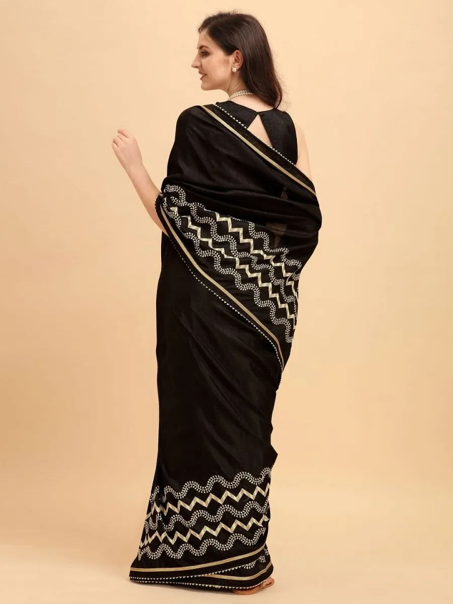 Black Chevron Embroidered Saree with Blouse