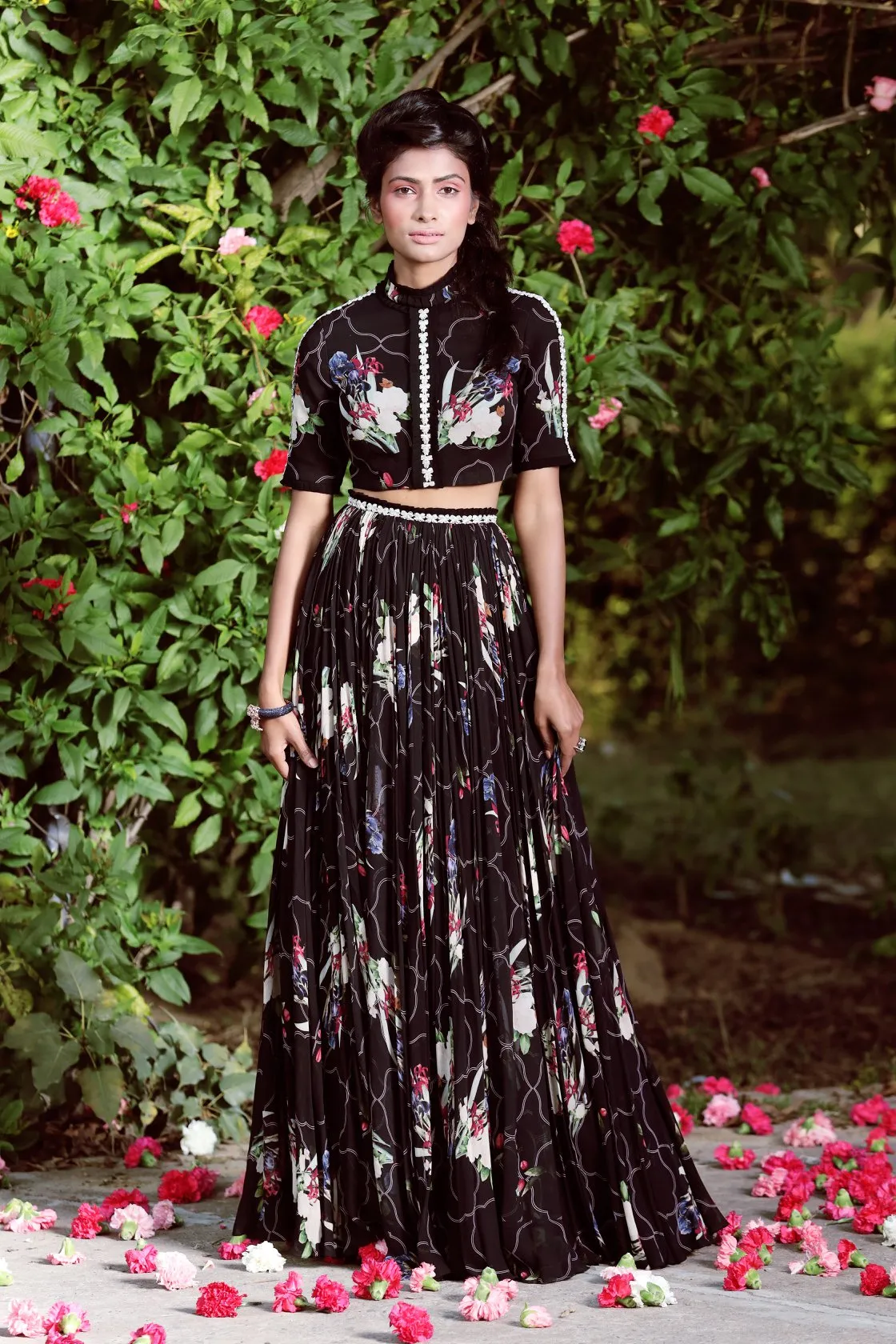 Black crop top, printed skirt set