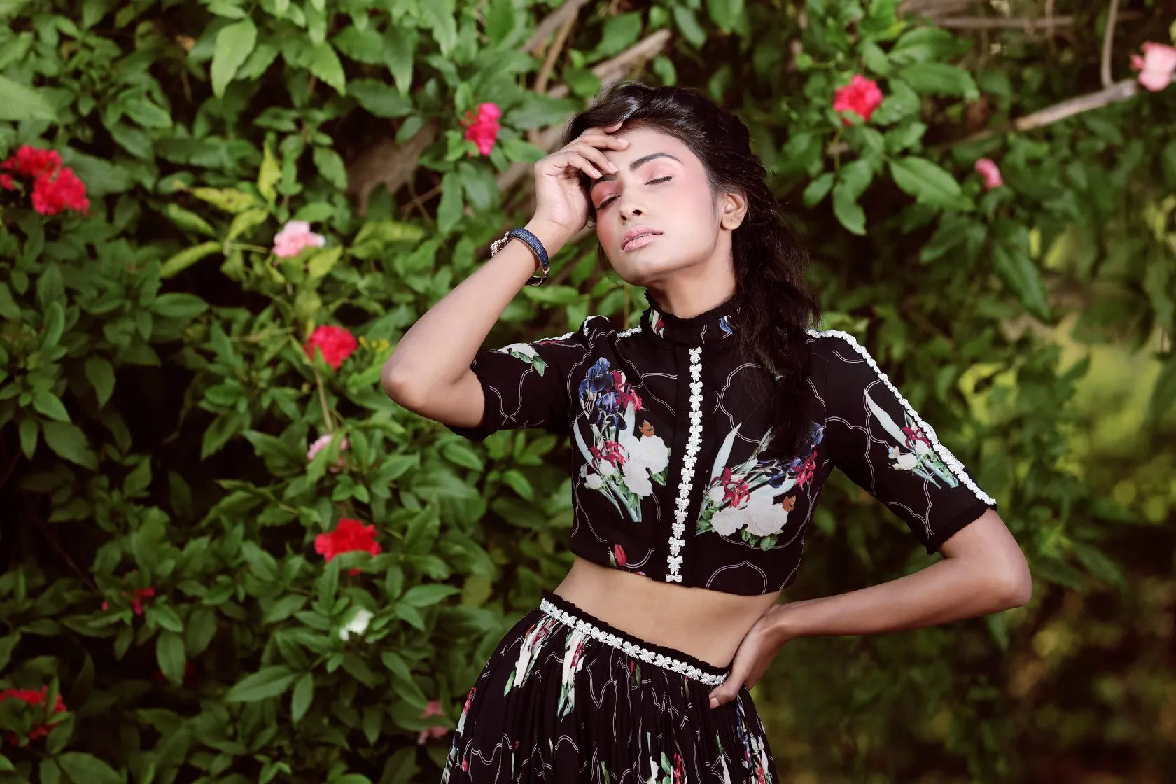 Black crop top, printed skirt set