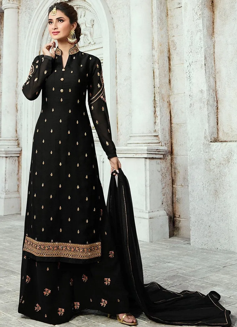 Black Embroidered Georgette Palazzo Suit