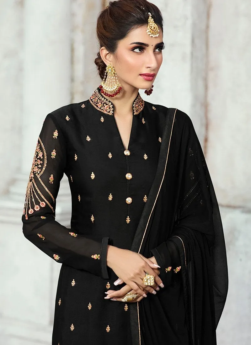Black Embroidered Georgette Palazzo Suit