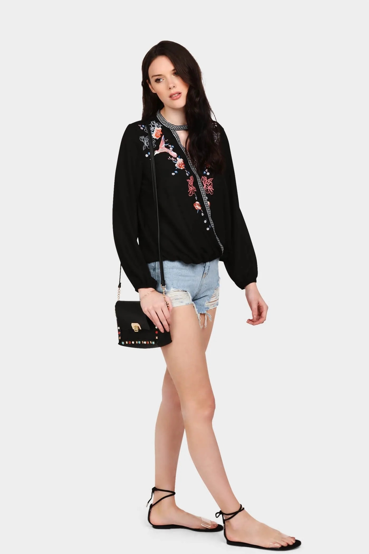 Black Embroidered Wrap Front Blouse