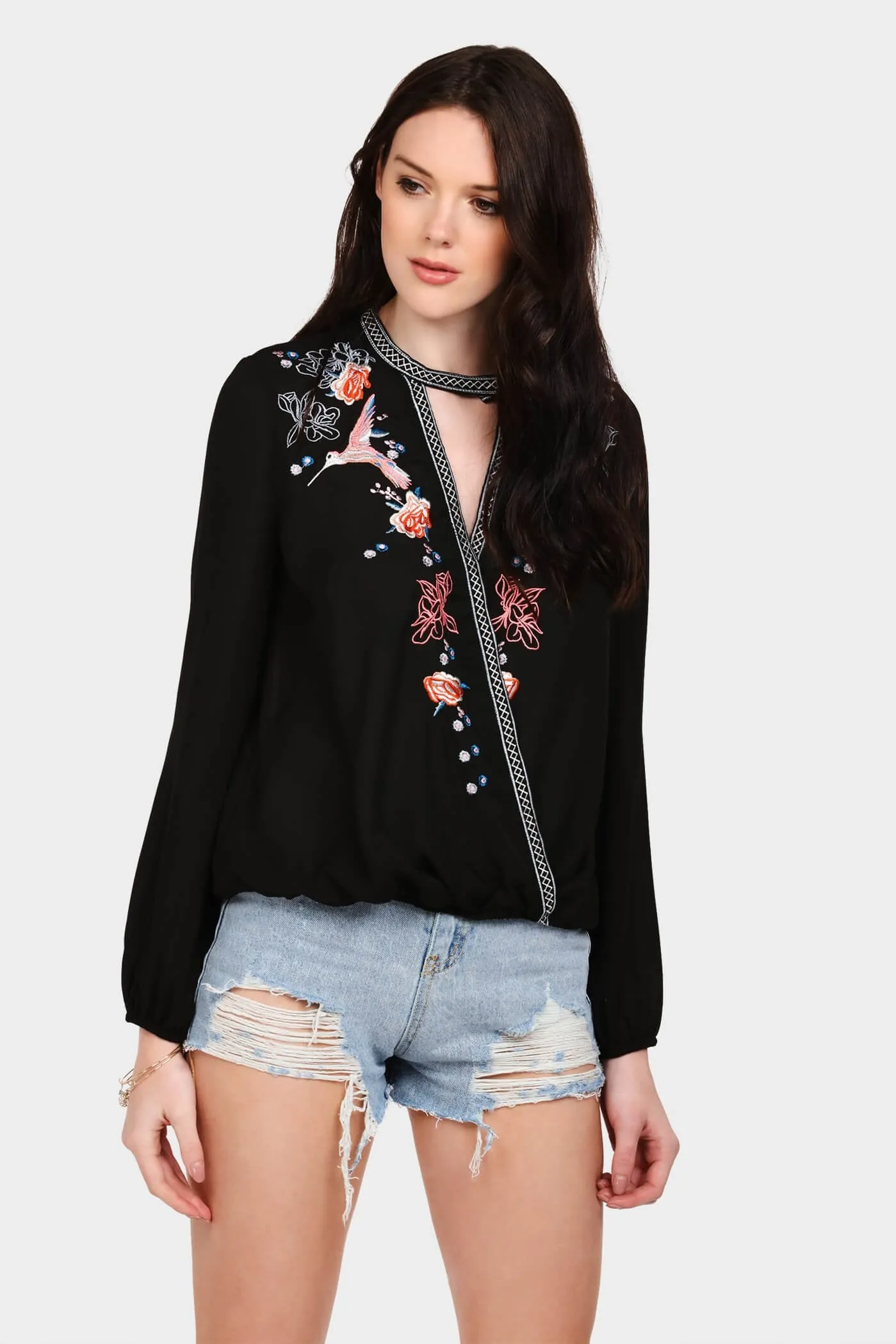 Black Embroidered Wrap Front Blouse