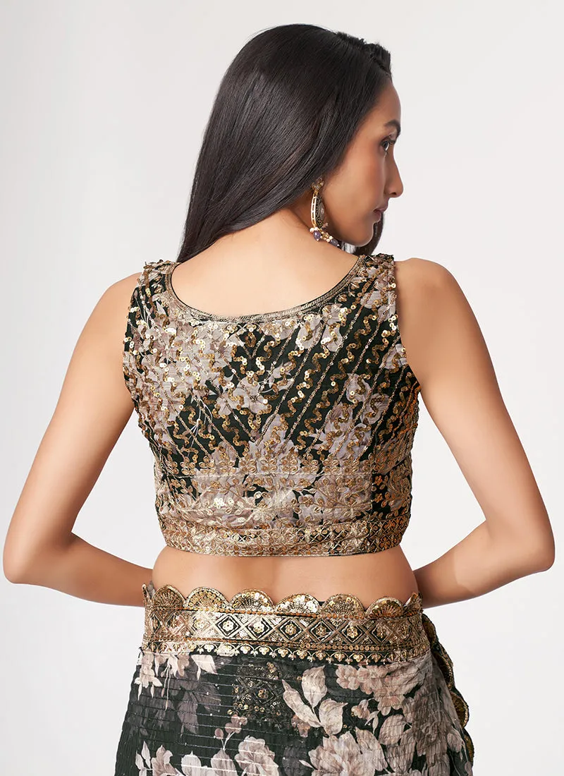 Black Floral Print And Sequence Embroidery Organza Saree