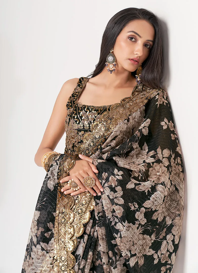 Black Floral Print And Sequence Embroidery Organza Saree