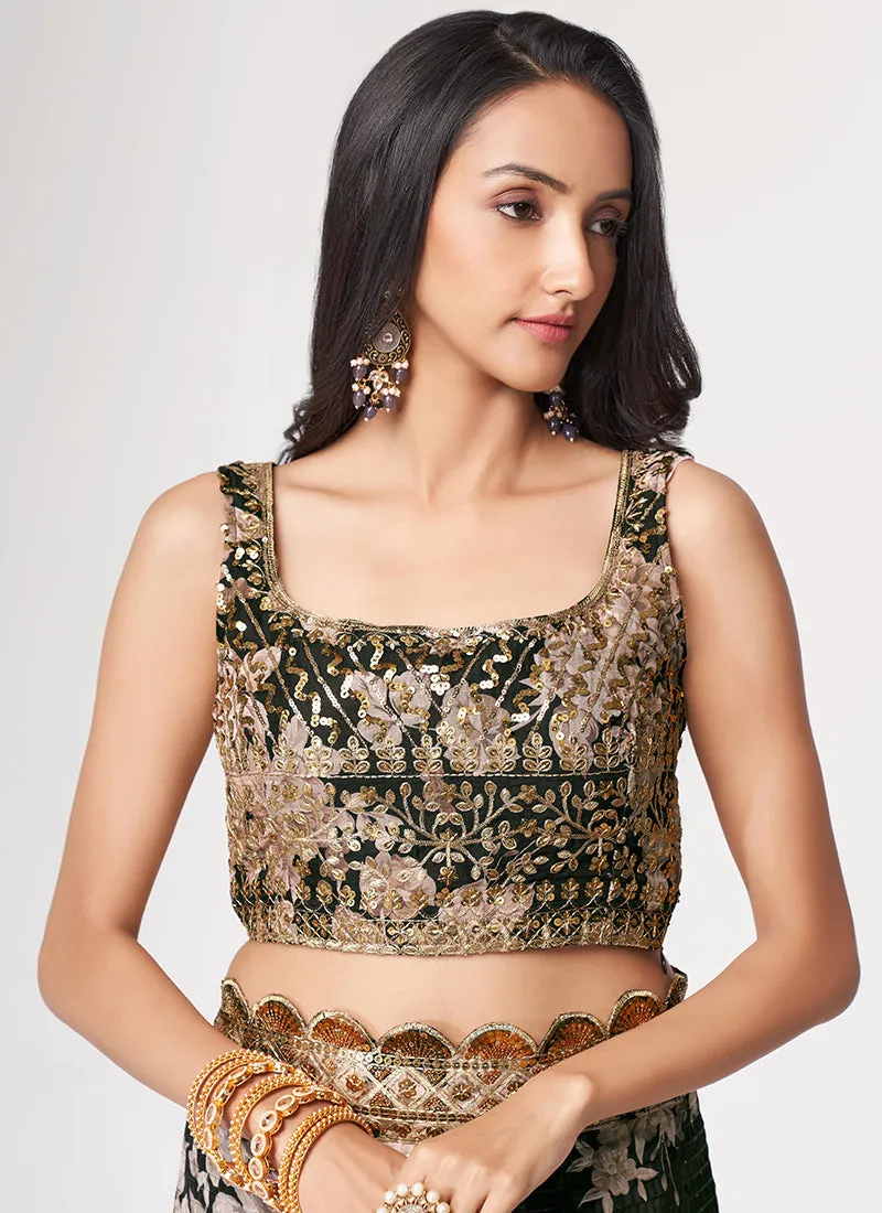 Black Floral Print And Sequence Embroidery Organza Saree