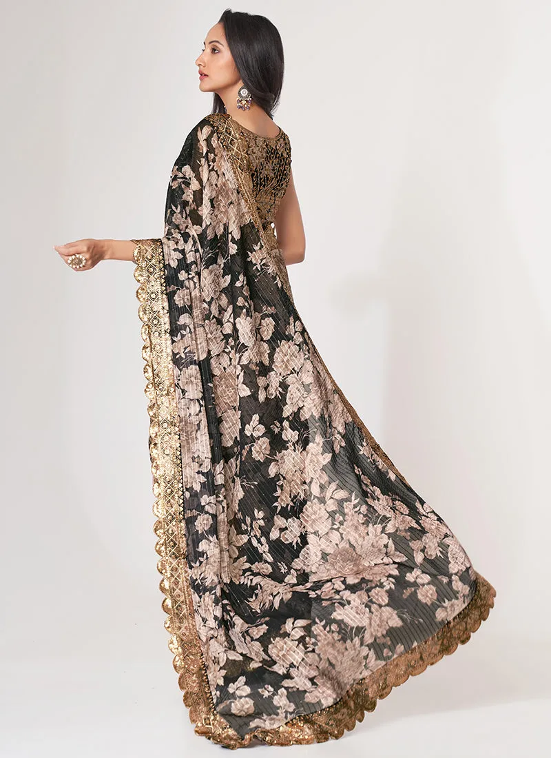 Black Floral Print And Sequence Embroidery Organza Saree