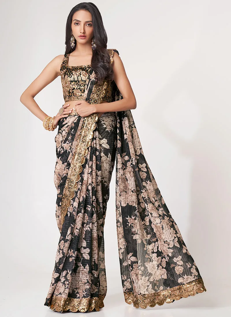 Black Floral Print And Sequence Embroidery Organza Saree