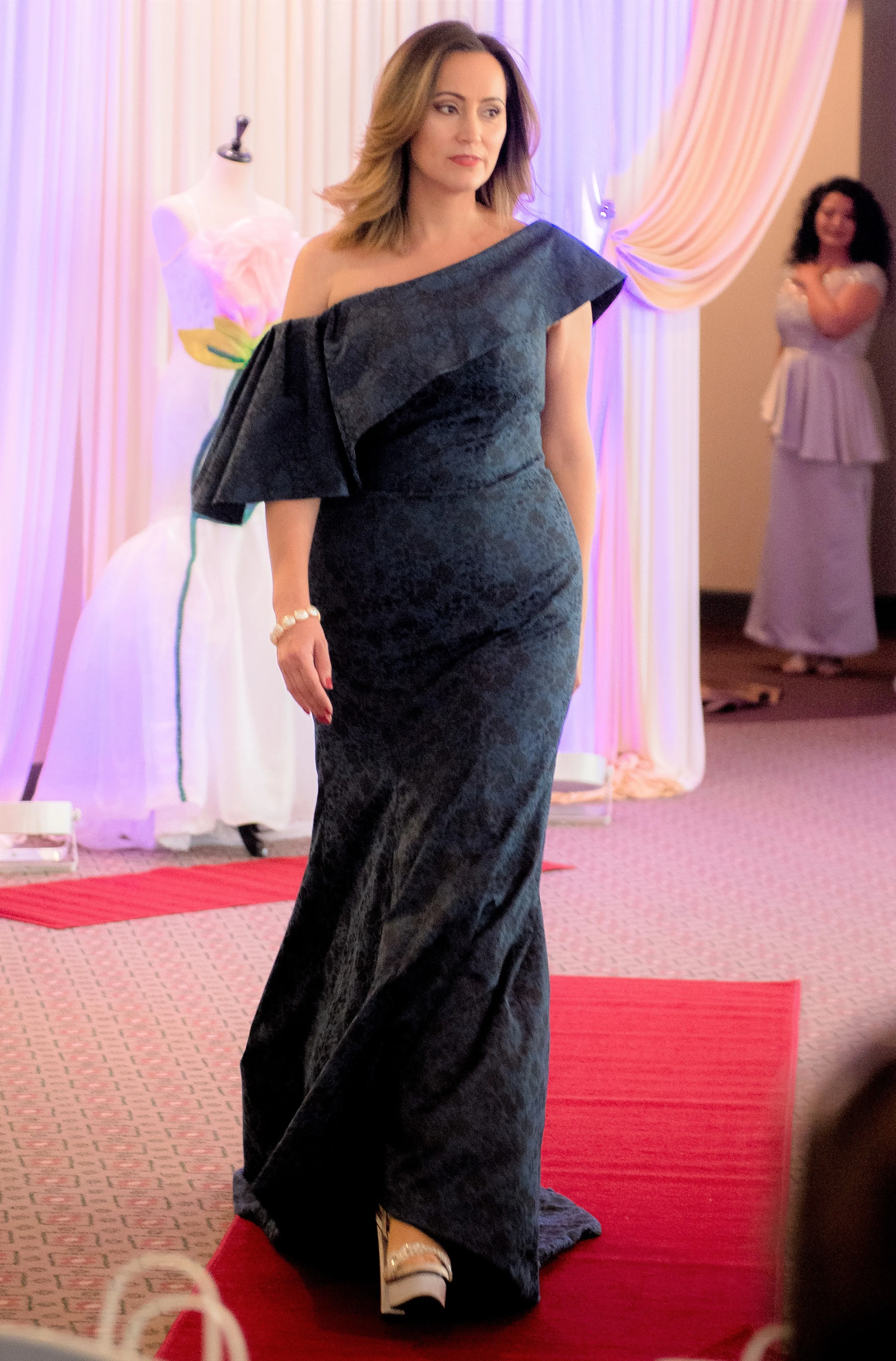 BLUE NIGHT Fit Flare Navy Jacquard Evening Gown