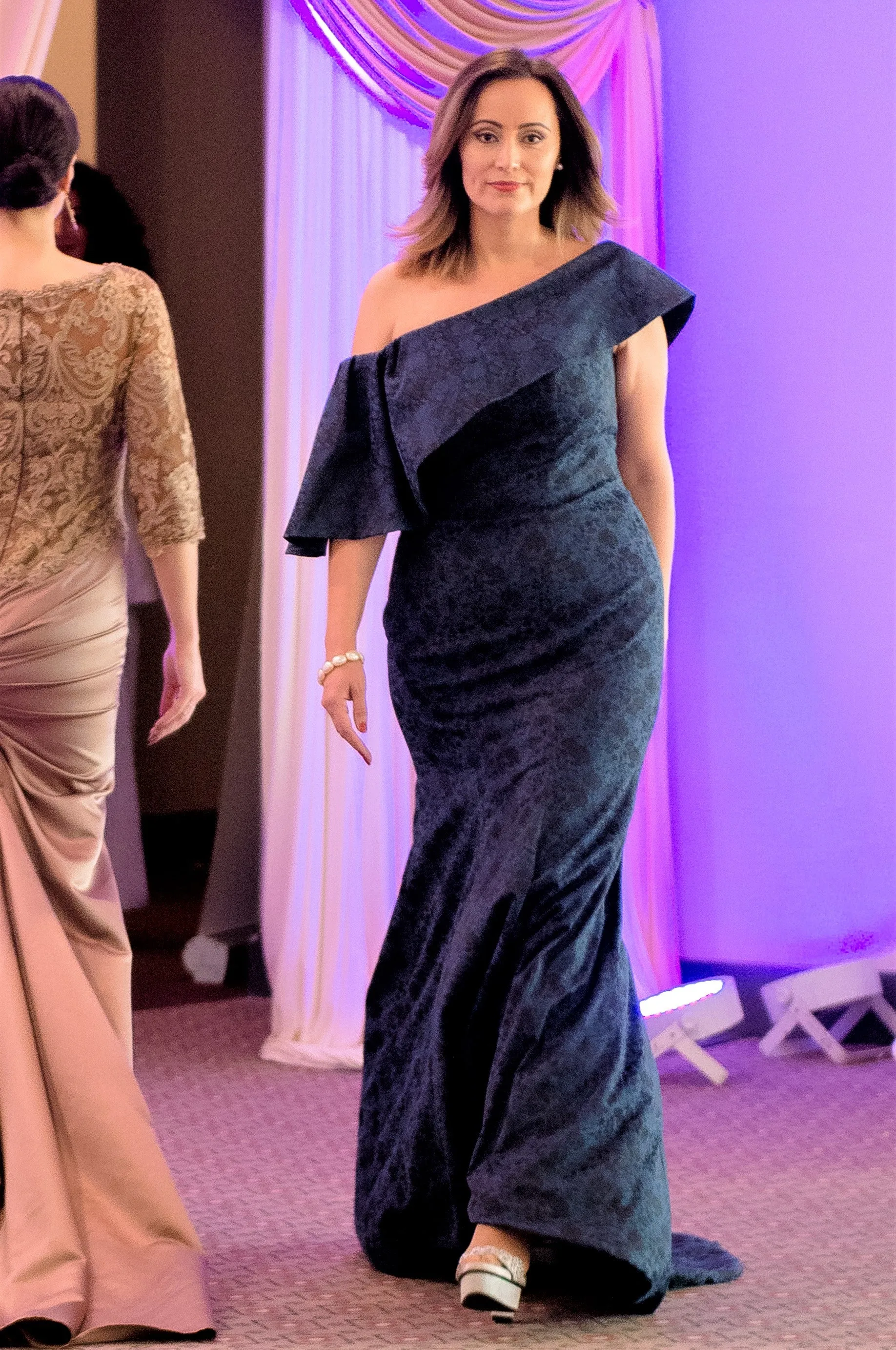 BLUE NIGHT Fit Flare Navy Jacquard Evening Gown