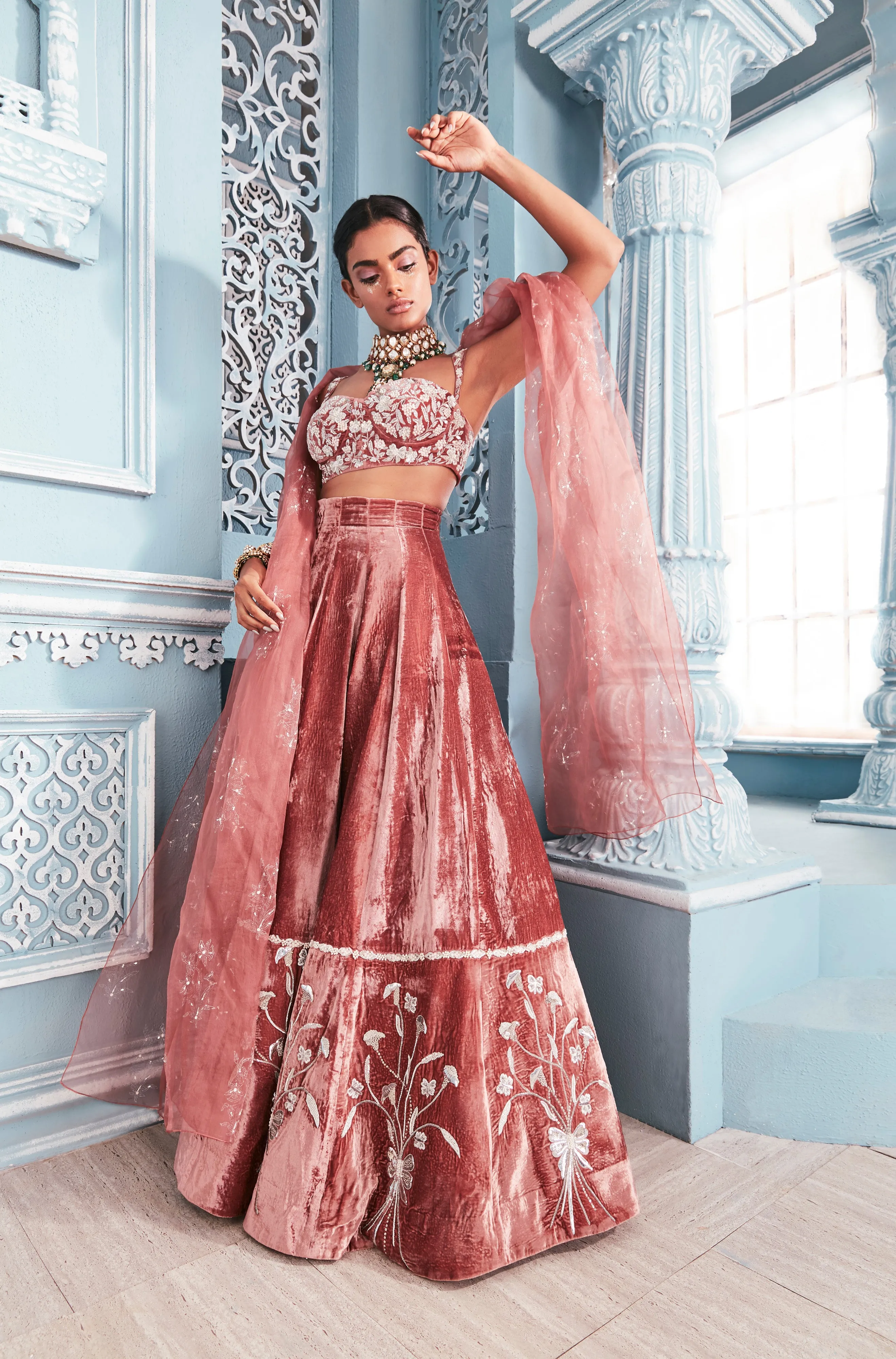 Bralet blouse with velvet tulip border lehenga set