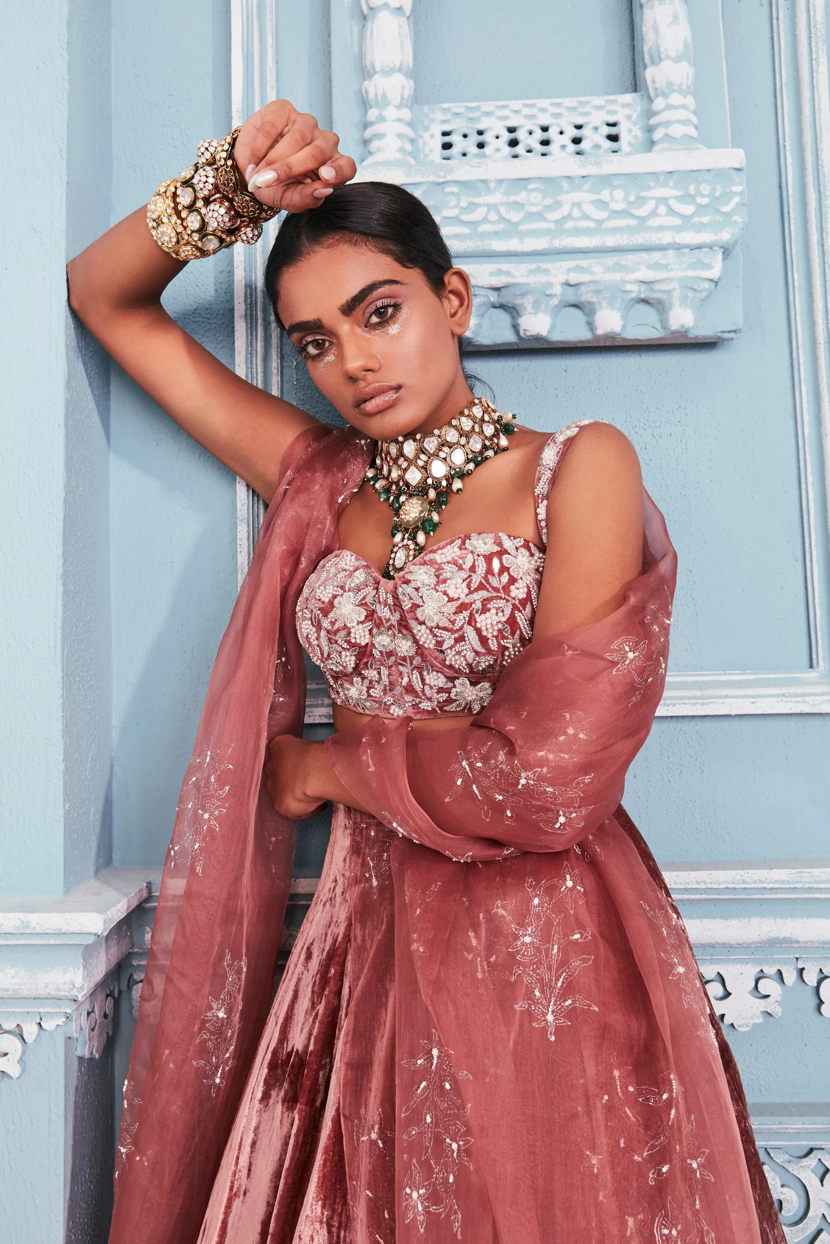 Bralet blouse with velvet tulip border lehenga set