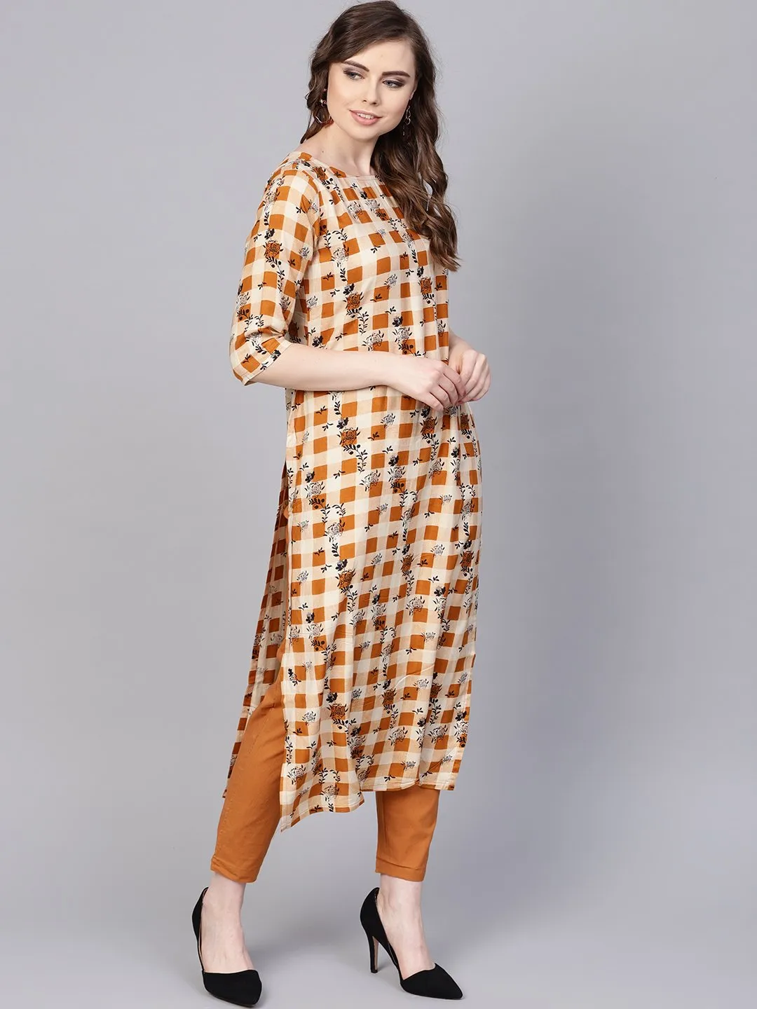 Camel  Brown Checked With Florals Kurta Set With Solid Palazzo