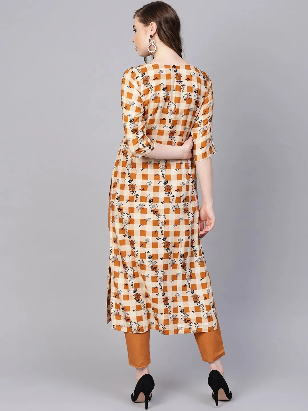 Camel  Brown Checked With Florals Kurta Set With Solid Palazzo