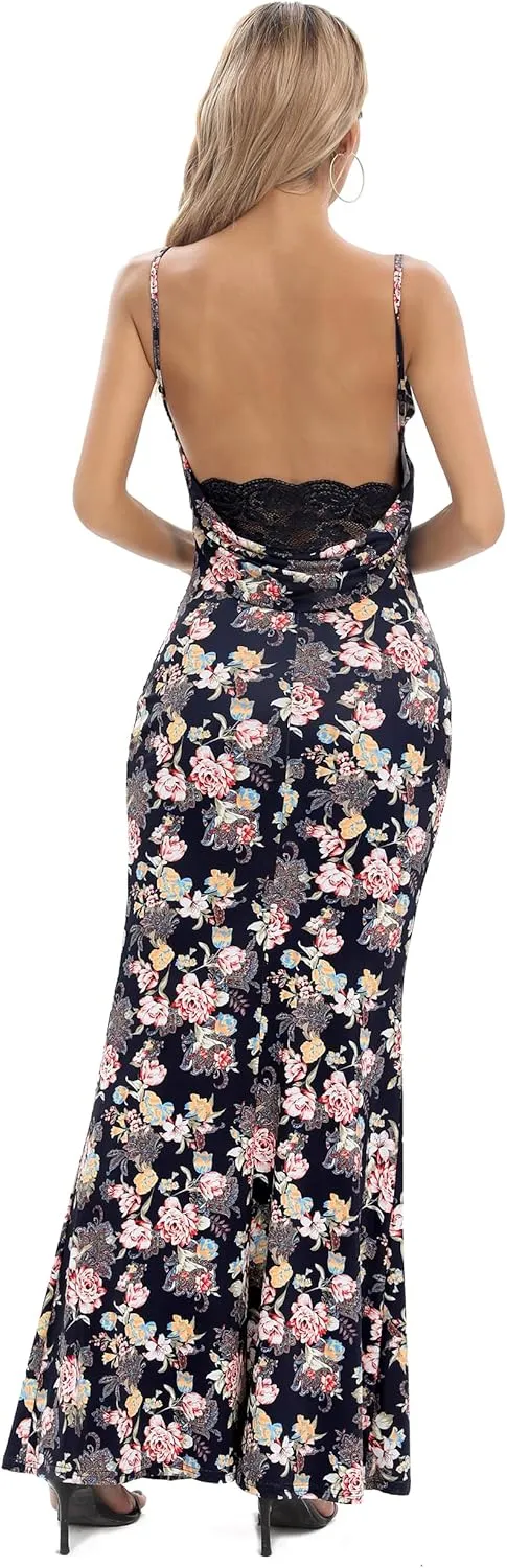 Capuffy Women Drape Neck Formal Maxi Dresses Lace Backless Cocktail Party Dress Spaghetti Straps Mermaid Evening Gown 221