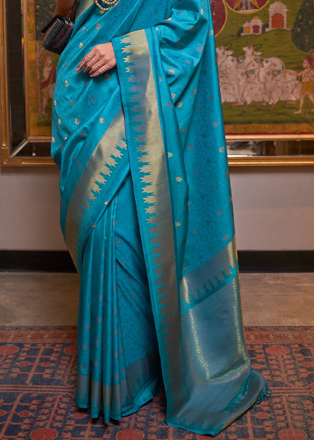 Cerulean Blue Handloom Woven Banarasi Silk Saree