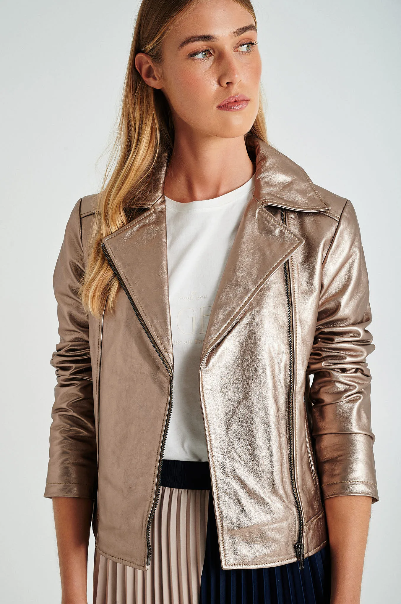 Champagne gold leather biker jacket