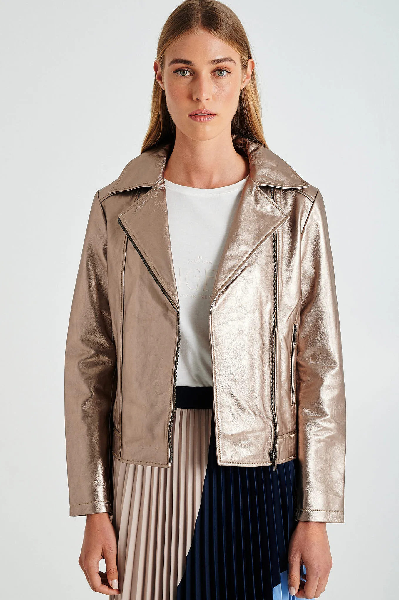 Champagne gold leather biker jacket