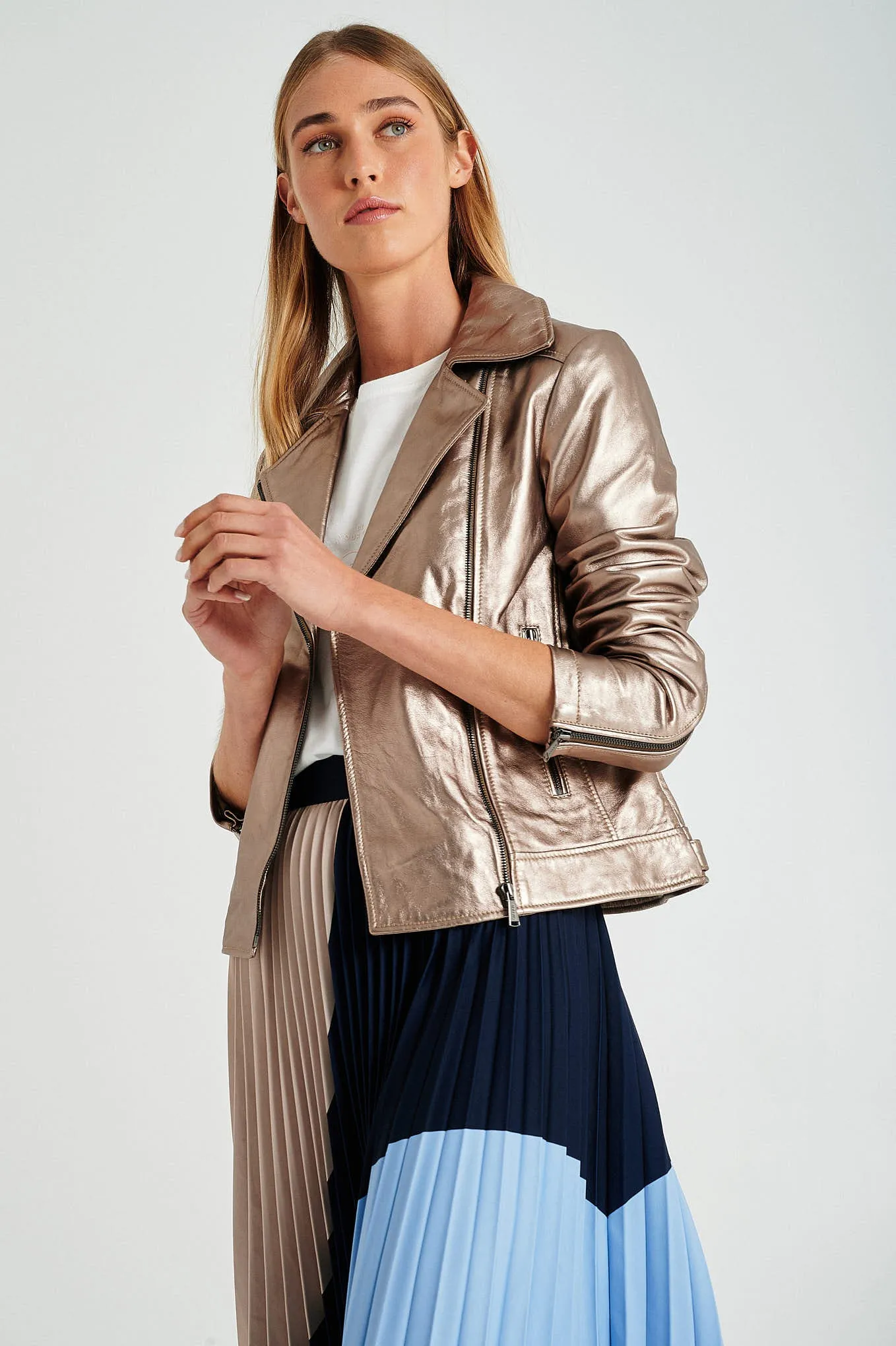 Champagne gold leather biker jacket