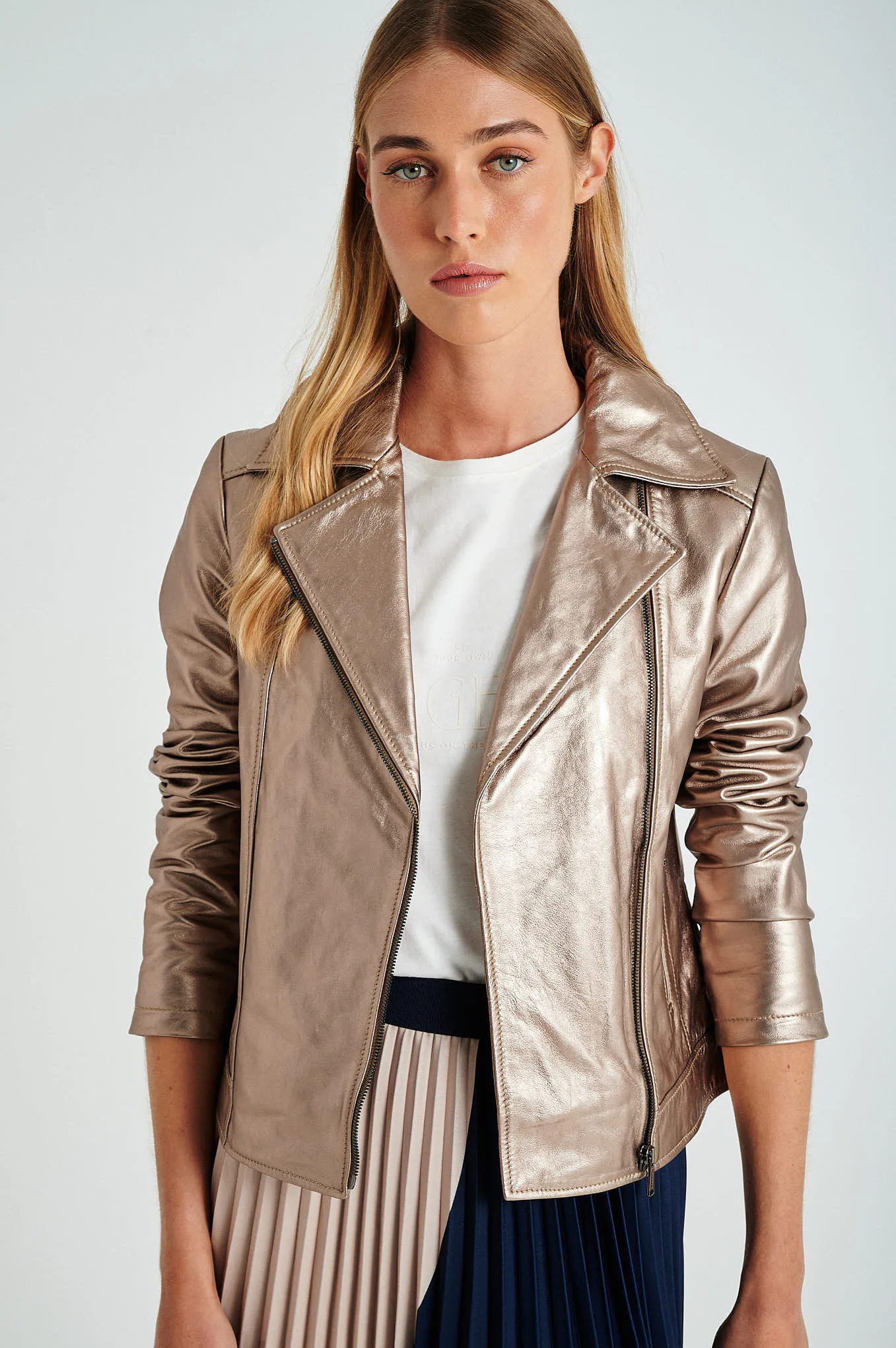 Champagne gold leather biker jacket