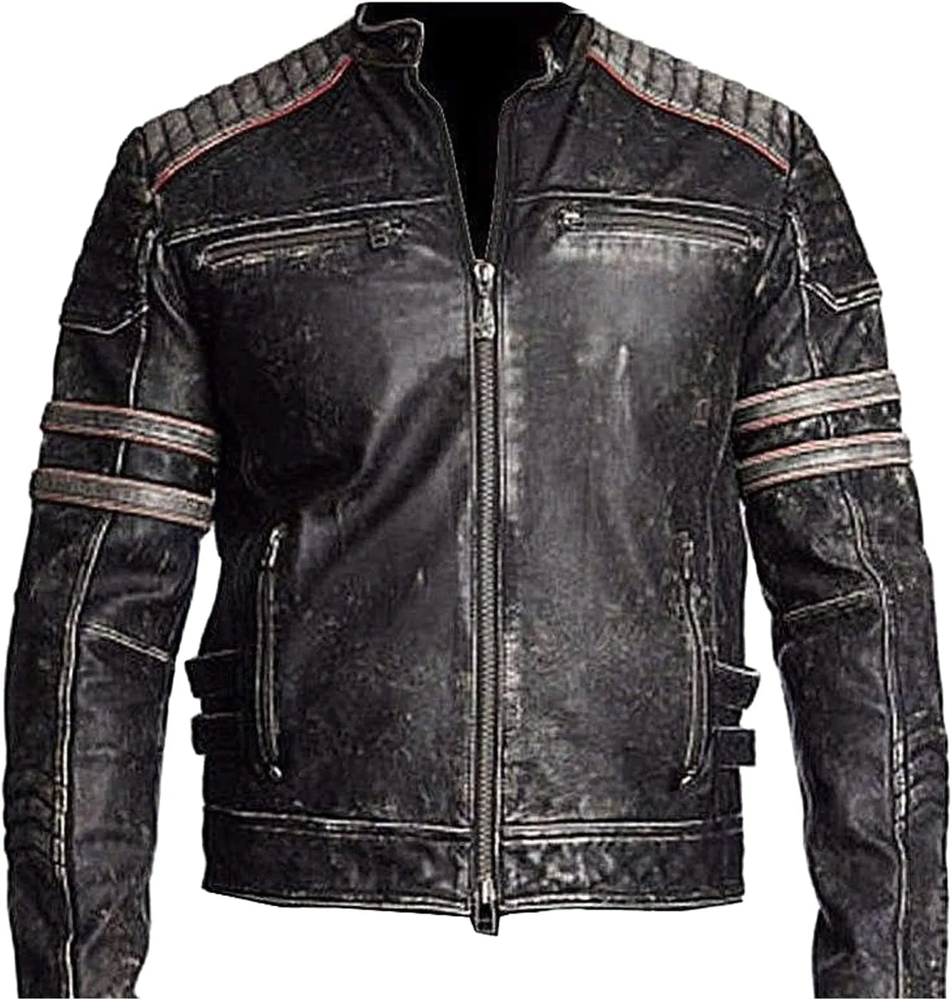 CHAYELL Cafe Racer Retro Motorcycle Jacket Mens Distressed Black vintage Biker Genuine Leather Jacket