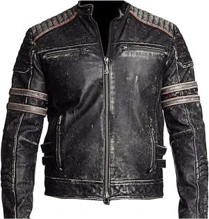 CHAYELL Cafe Racer Retro Motorcycle Jacket Mens Distressed Black vintage Biker Genuine Leather Jacket