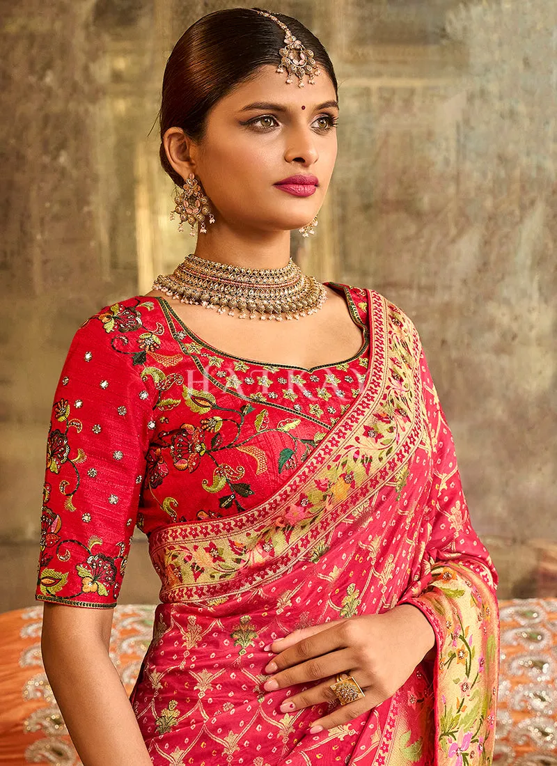 Cherry Red Multi Embroidery Traditional Silk Saree