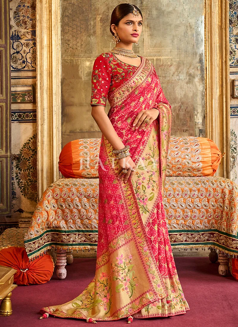 Cherry Red Multi Embroidery Traditional Silk Saree