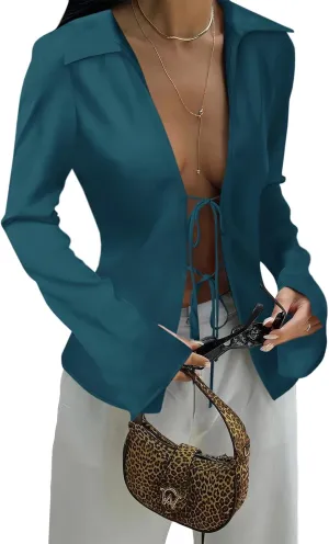 Cicy Bell Womens Sexy Tie Front Satin Shirts Deep V Neck Silk Club Tops Long Sleeve Y2k Going Out Blouse
