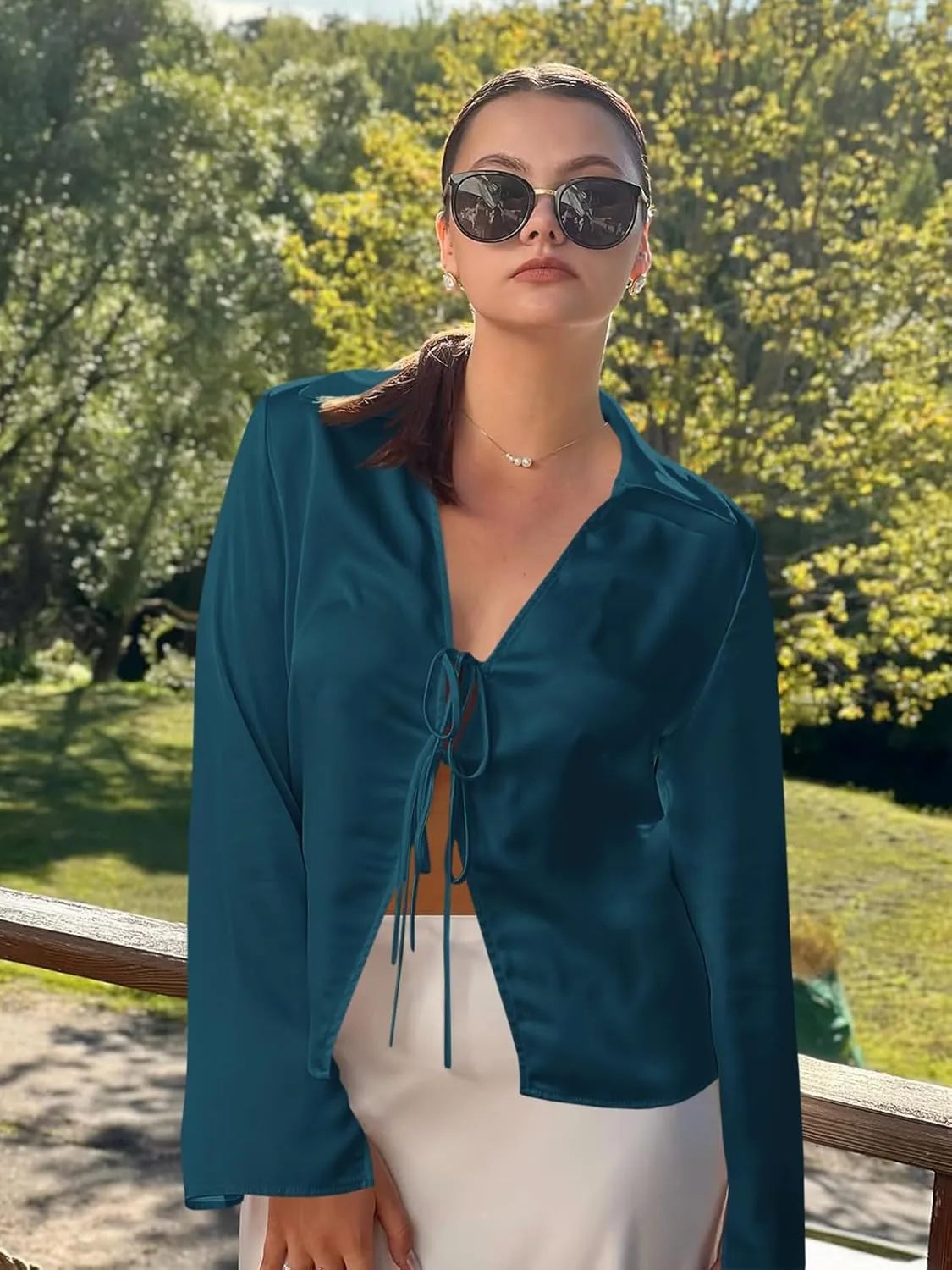 Cicy Bell Womens Sexy Tie Front Satin Shirts Deep V Neck Silk Club Tops Long Sleeve Y2k Going Out Blouse