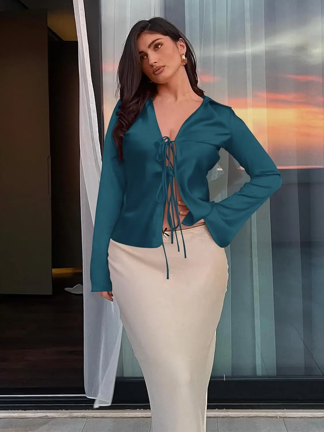 Cicy Bell Womens Sexy Tie Front Satin Shirts Deep V Neck Silk Club Tops Long Sleeve Y2k Going Out Blouse