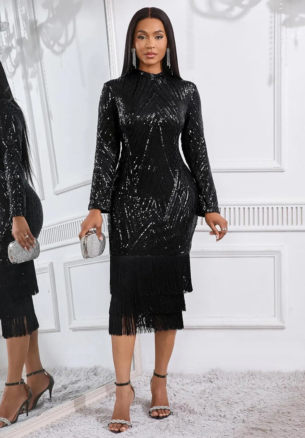 Cololura Sexy Elegant Women Sequin Short Sleeve Tassel Bodycon Midi Dress Party Evening Gown Formal Dress